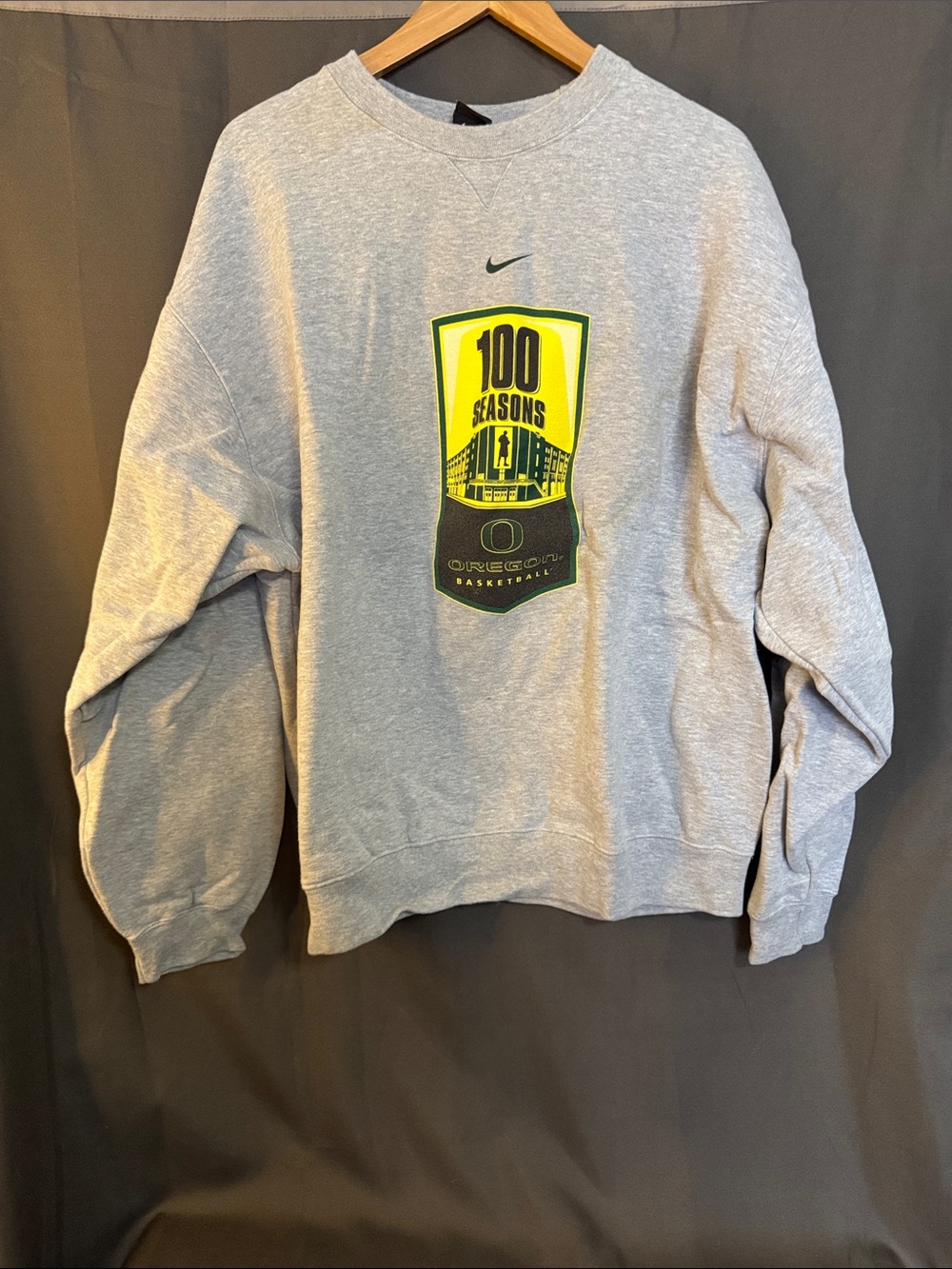 Nike Men’s Gray Crewneck Sweatshirt with Yellow & Green '100 Seasons' Graphic